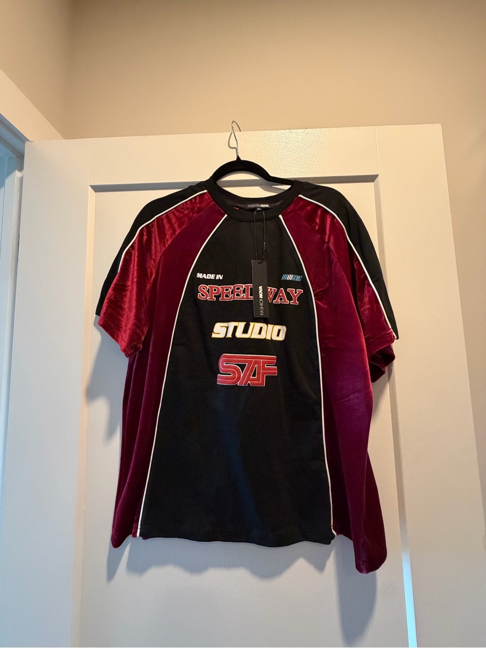 Fashion Nova Women’s Burgundy & Black Speedway Graphic Jersey